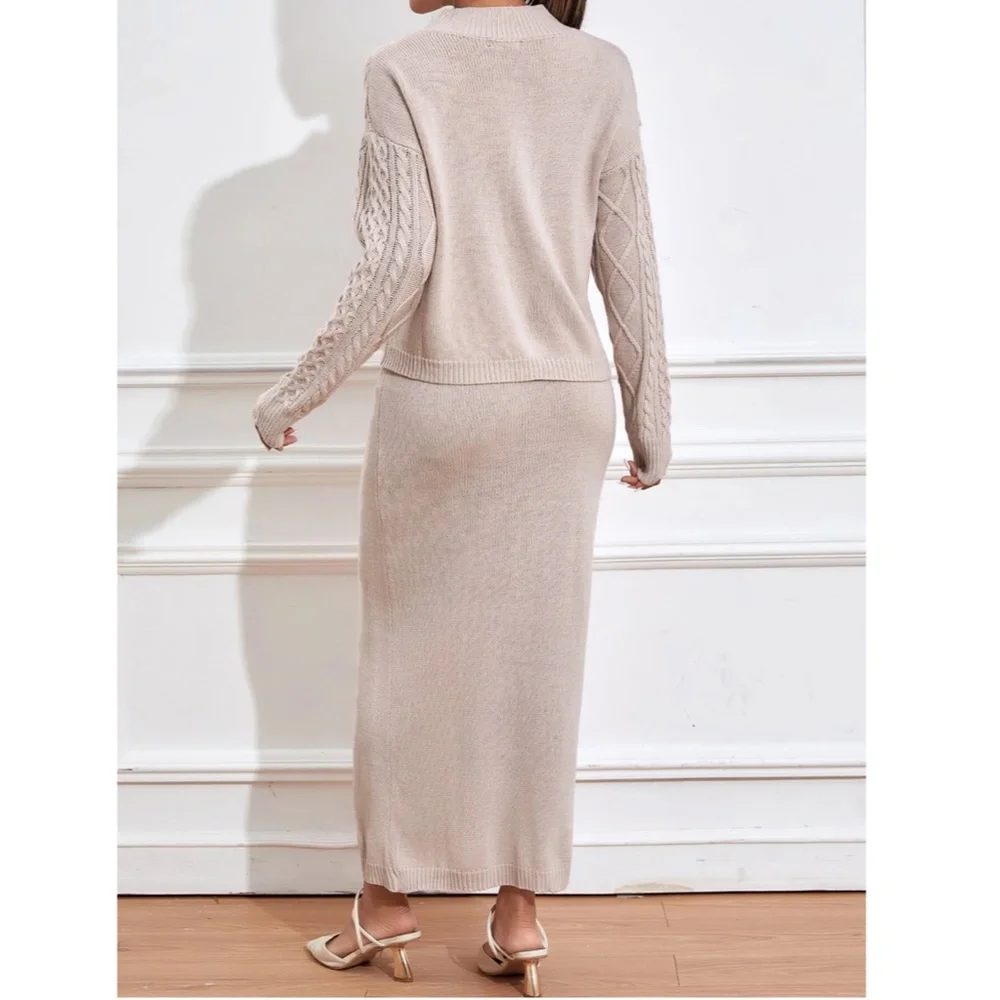 2 Piece Knit Skirt Set Blush Color Long Skirt & Cable Knit Sweater - Picture 3 of 11